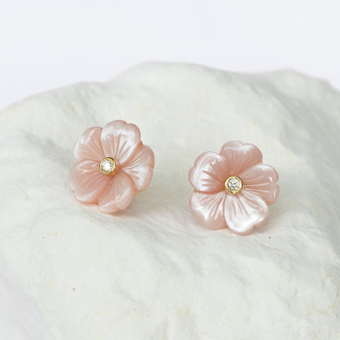 Blush pink Cherry Blossom mother-of-pearl flower studs medium size