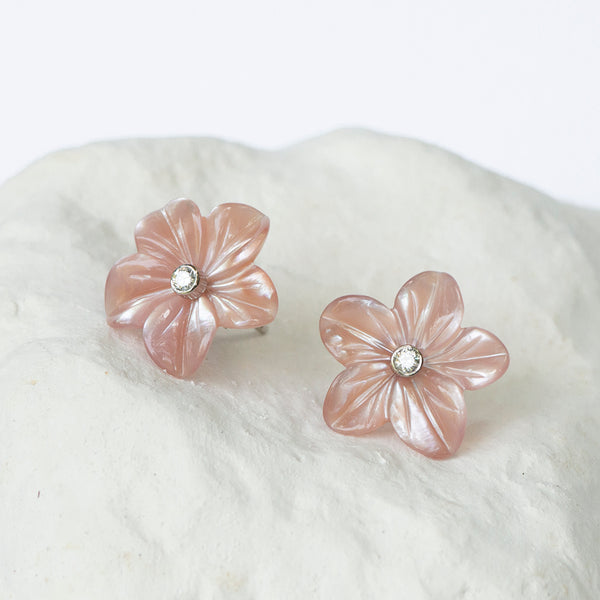 Handcarved flower earrings interchangeable pink mother of pearl
