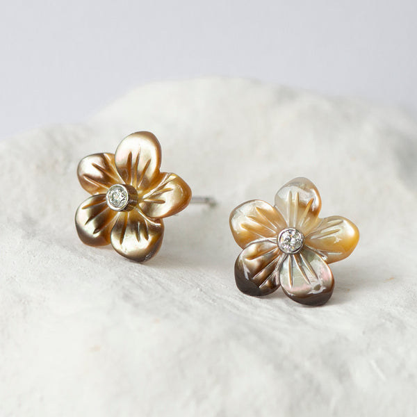 Golden brown mother of pearl flower earstuds