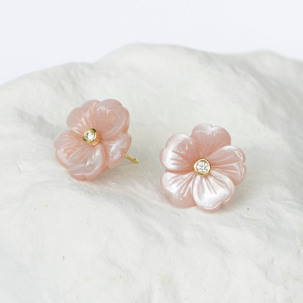 Amaranth pink flower earrings with diamond and gold centre
