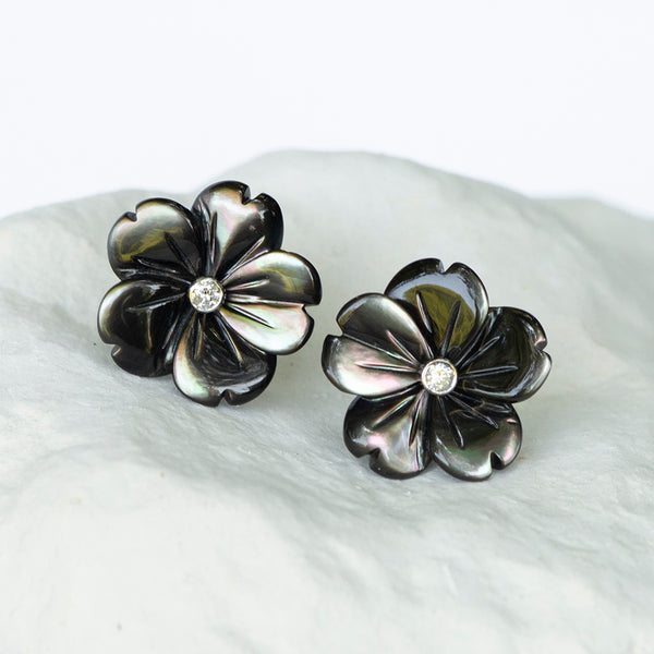 Dark grey Peacock Flower earstuds mother of pearl diamond and 18kt gold stud fittings white gold