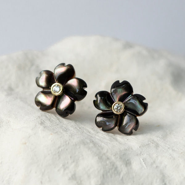 Black Peacock Flower earstuds mother of pearl diamond and 18kt gold stud fittings YG