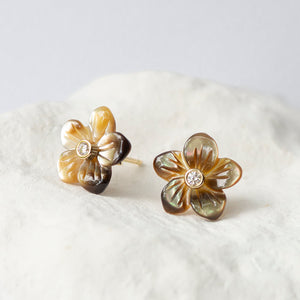 Golden brown mother of pearl flower earstuds