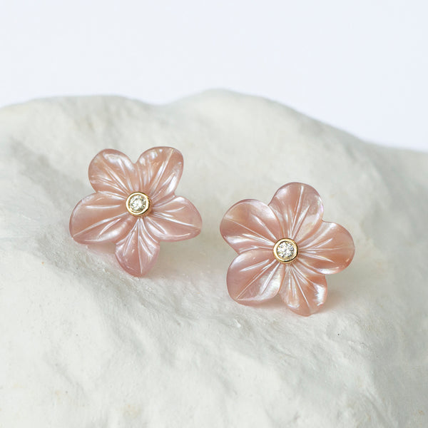 Blossom motif earstuds with diamonds blush pink yellow gold