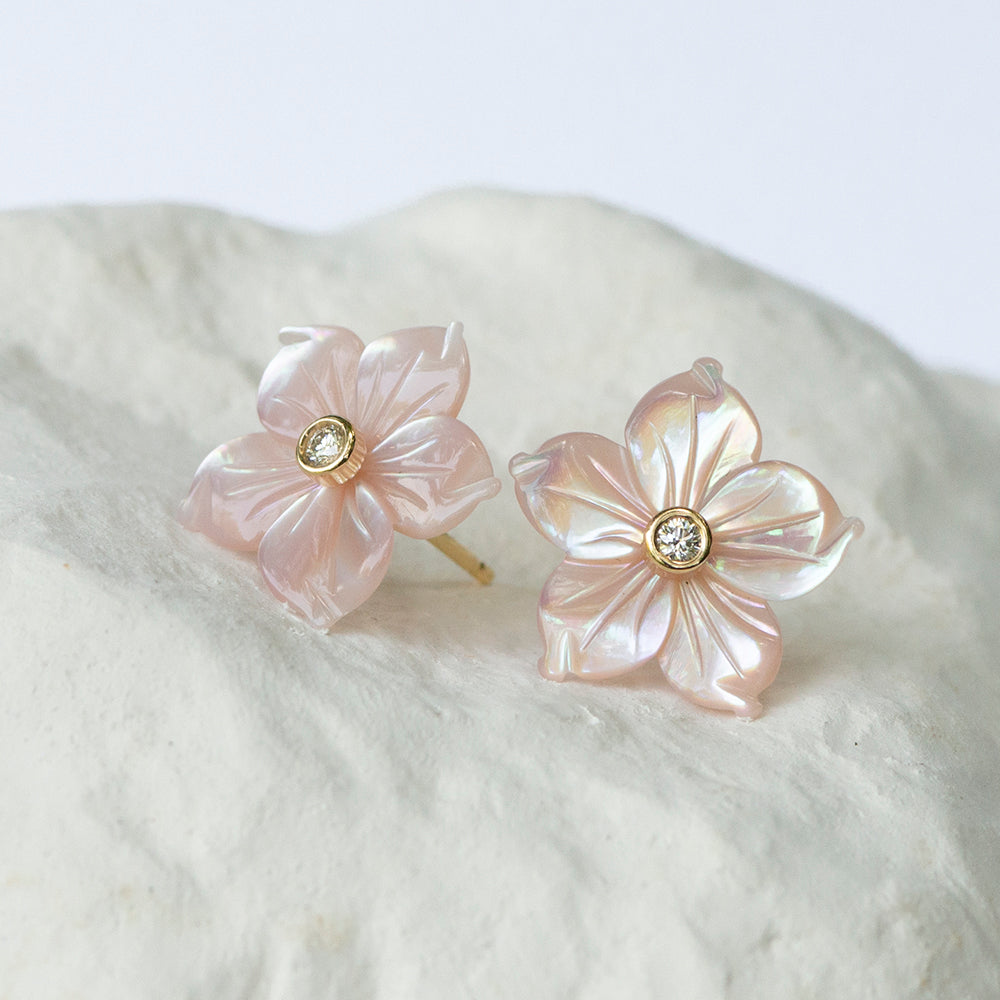 Blush pink casablanca lily floral earstuds with diamonds and 18kt yellow gold fitting