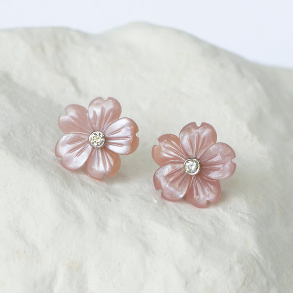 Pink mother-of-pearl earring jackets floral motif