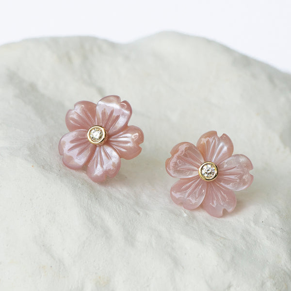 Pink mother of pearl flower ear studs with diamonds yellow gold