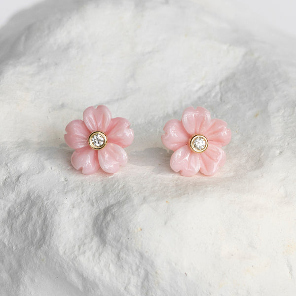 Sakura Cherry blossom flower earrings yellow gold and diamonds