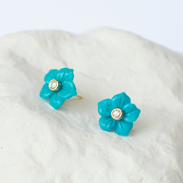 Turquoise Flower earrings yellow gold and diamonds