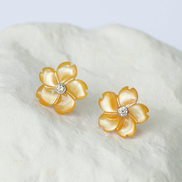 5 petal floral earrings yellow mother of pearl diamonds